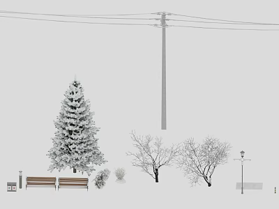 Snow Covered Arbor Tree With Bench Street Lamp And Bare Trees In Winter Scene 3d model