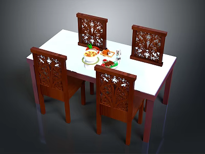 Wooden Dining Table With Four Carved Decorative Chairs And White Tabletop With Food Plates 3d model