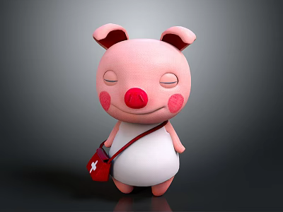 Pink Pig Stuffed Toy with Closed Eyes Red Nose Red Cross Bag and White Outfit 3d model