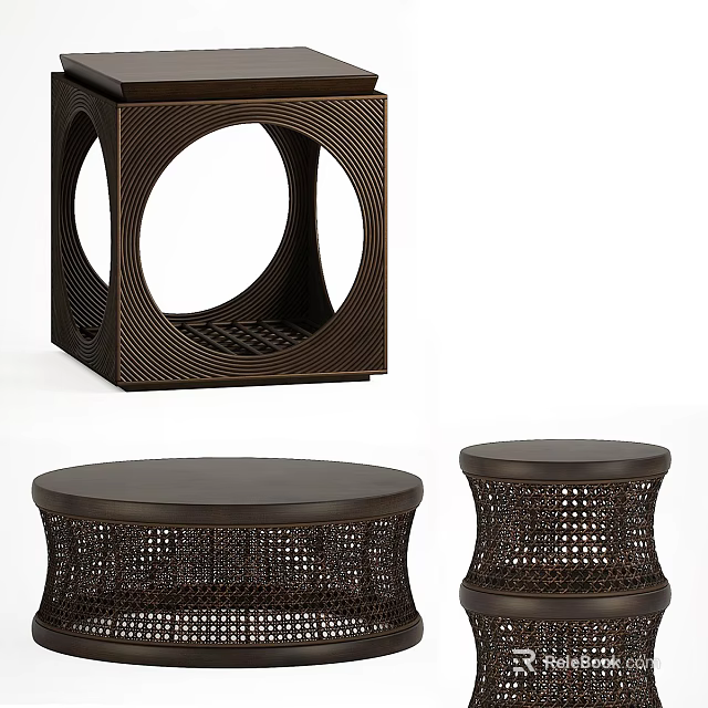 Square Coffee Table Featuring Circular Cutout And Wicker Design With Matching Stools 3d model
