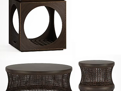 Square Coffee Table Featuring Circular Cutout And Wicker Design With Matching Stools 3d model