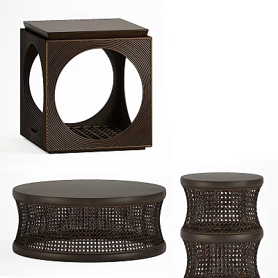 Square Coffee Table Featuring Circular Cutout And Wicker Design With Matching Stools 3d model