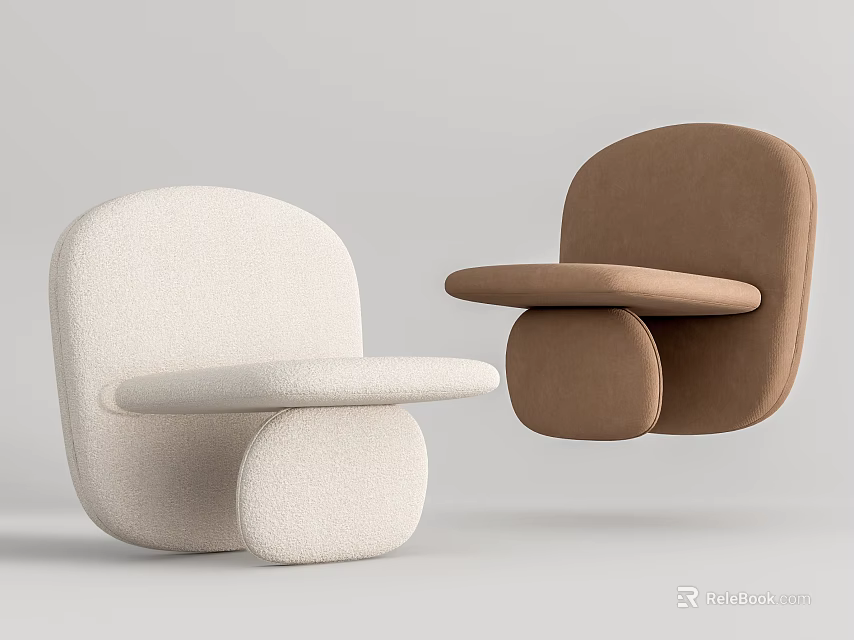 Modern Stylish Single Sofa in White and Brown with Unique Curved Design for Living Room 3d model 