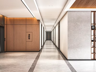 Modern Office Corridor With Wooden Walls Gray Flooring And Recessed Lighting 3d model