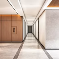 Modern Office Corridor With Wooden Walls Gray Flooring And Recessed Lighting