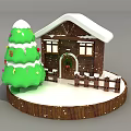 Christmas Decoration Scene Featuring Green Tree Ornaments Small Wooden House Fence And Snowy Base