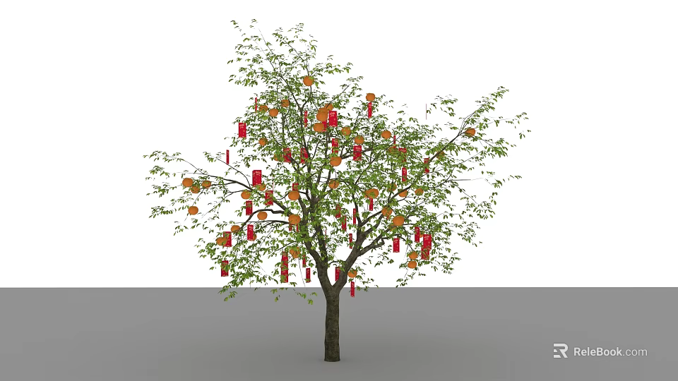 Decorated Tree With Green Leaves And Red Orange Hanging Ornaments 3d model 