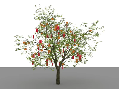 Decorated Tree With Green Leaves And Red Orange Hanging Ornaments 3d model