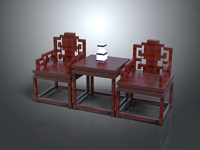 Chinese Mahogany Table Chair Set With Carved Design Square Table Two Chairs And Decorative Item 3d model