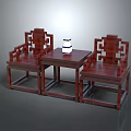 Chinese Mahogany Table Chair Set With Carved Design Square Table Two Chairs And Decorative Item