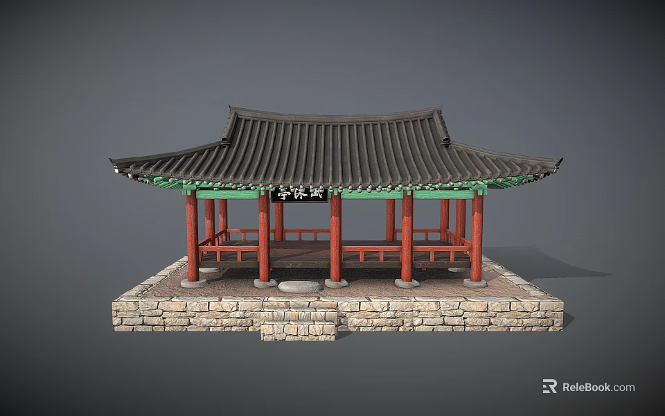 Traditional Korean Pavilion With Black Roof Green Eaves Red Pillars And Stone Base 3d model 