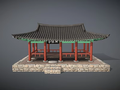 Traditional Korean Pavilion With Black Roof Green Eaves Red Pillars And Stone Base 3d model