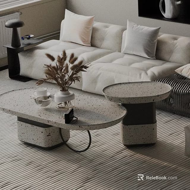 Modern White Sofa With Cushions And Oval Terrazzo Coffee Tables Dried Flowers Vase On Rug 3d model 