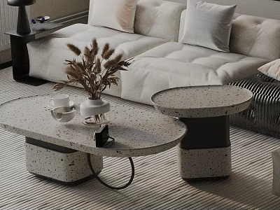Modern White Sofa With Cushions And Oval Terrazzo Coffee Tables Dried Flowers Vase On Rug 3d model