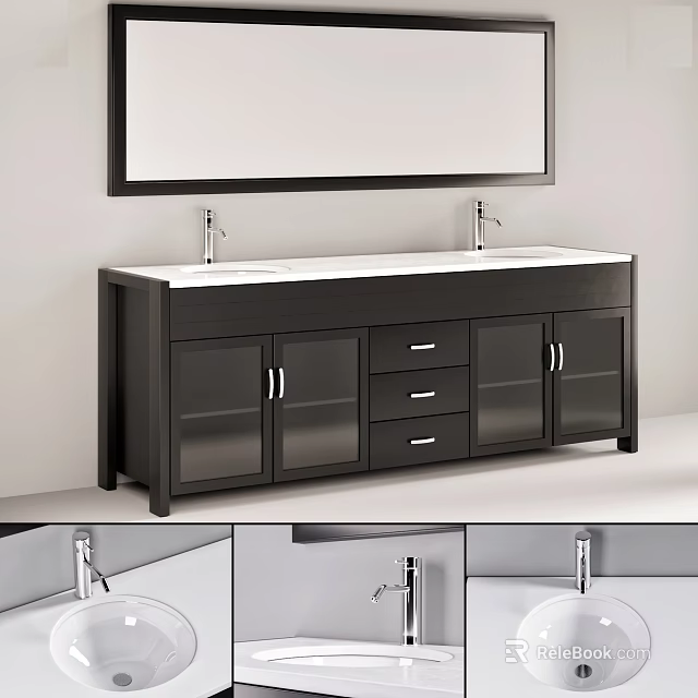 Modern Bathroom Vanity With Double Sinks Black Cabinet Drawers And Mirror 3d model 
