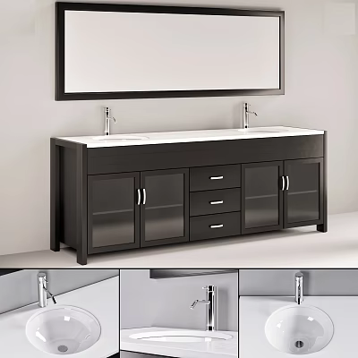 Modern Bathroom Vanity With Double Sinks Black Cabinet Drawers And Mirror 3d model