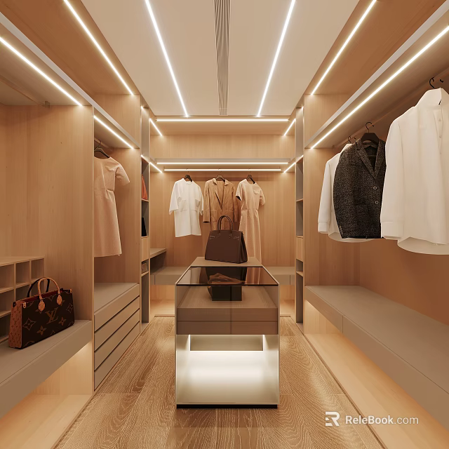 Modern Wooden Walk-in Closet Interior with Hanging Clothes Central Table and Warm Lighting 3d model 
