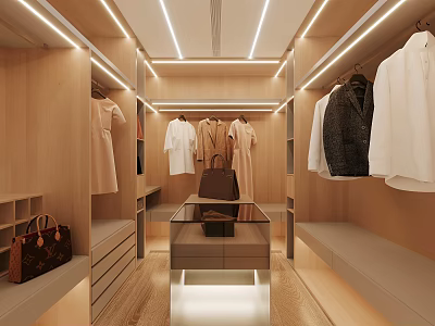Modern Wooden Walk-in Closet Interior with Hanging Clothes Central Table and Warm Lighting 3d model