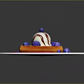 Waffle With Ice Cream Drizzled Sauce And Fresh Blueberries On White Plate Red Stripes