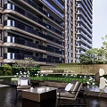 Modern Garden Landscape With Wooden Pavilion Greenery Lawn Water Feature Lounge Chairs And High-Rise Backdrop