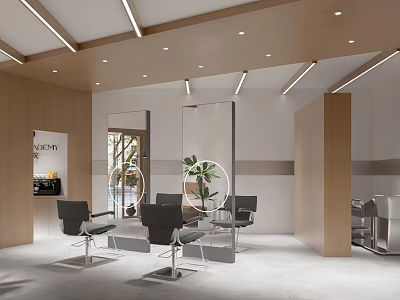 Modern Hair Salon Interior With Stylish Chairs Mirrors Green Plant And Wooden Decor Lighting 3d model