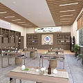 Traditional Chinese Tea House Interior with Wooden Tables Chairs Tea Sets and Green Plants