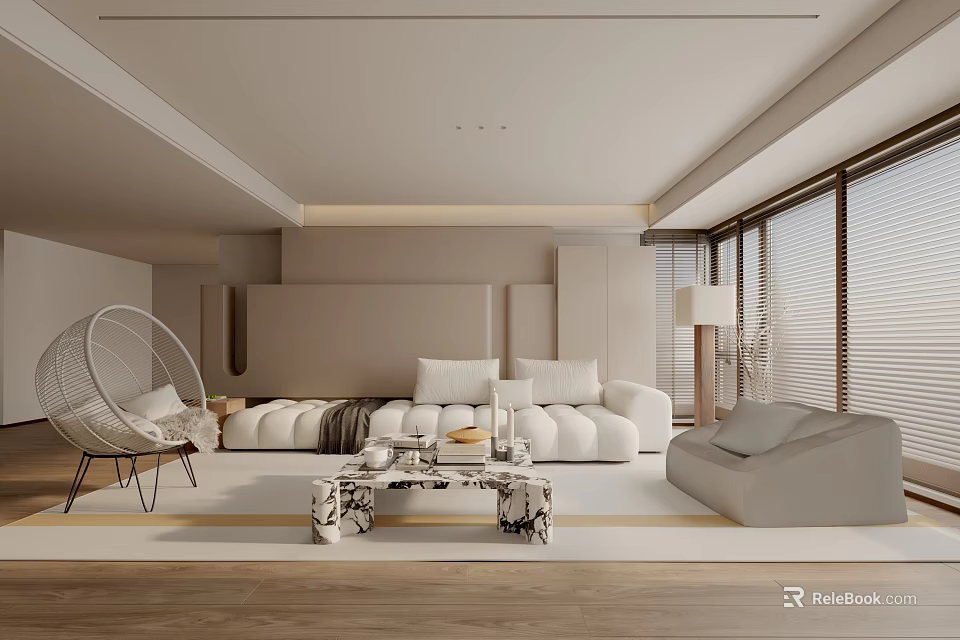 Modern Living Room With White Sofa Round Hanging Chair Marble Coffee Table And Large Windows 3d model 