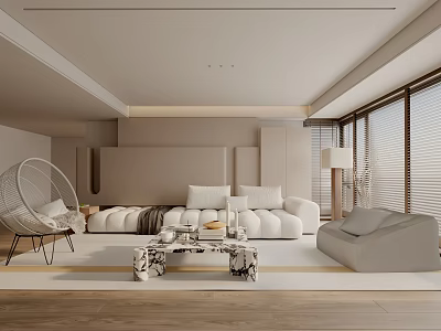 Modern Living Room With White Sofa Round Hanging Chair Marble Coffee Table And Large Windows 3d model