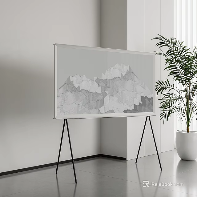 Modern TV With Artistic Screen On Tripod In Minimalist Room With Plant 3d model 