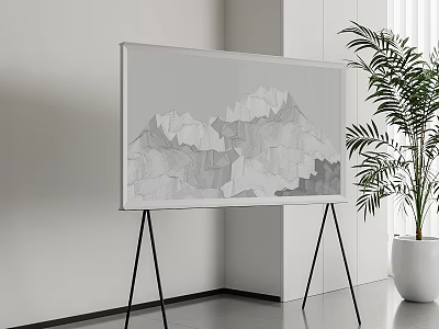 Modern TV With Artistic Screen On Tripod In Minimalist Room With Plant 3d model