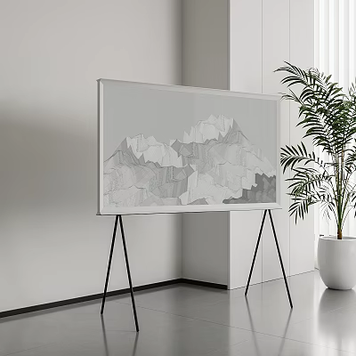 Modern TV With Artistic Screen On Tripod In Minimalist Room With Plant 3d model