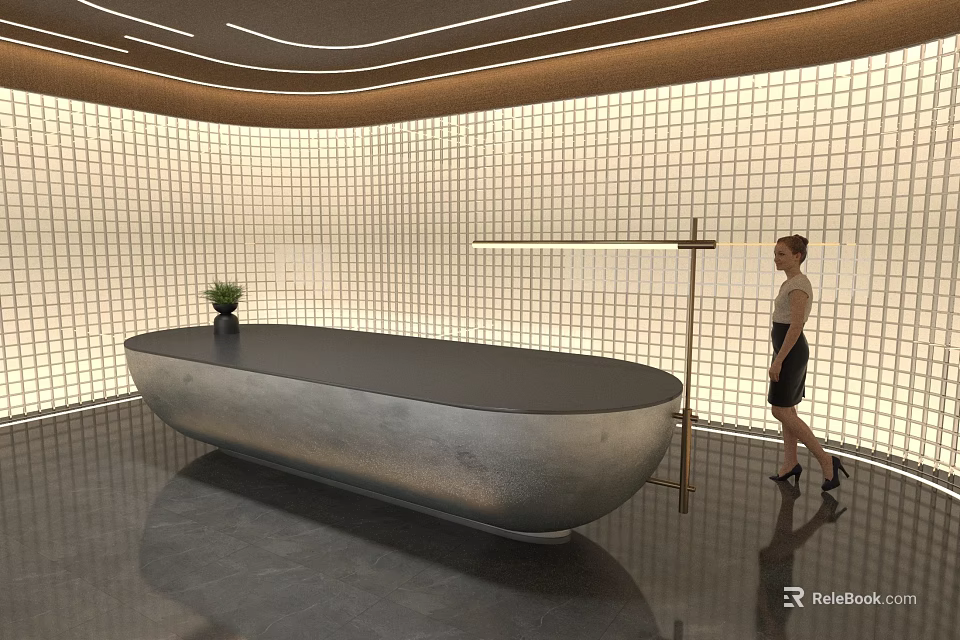 Modern Curved Reception Desk With Metallic Surface Grid Pattern Wall And Receptionist 3d model 