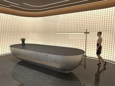 Modern Curved Reception Desk With Metallic Surface Grid Pattern Wall And Receptionist 3d model