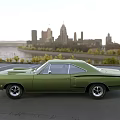 Green Classic Muscle Car With Two Door Design And Hood Vents In City Skyline