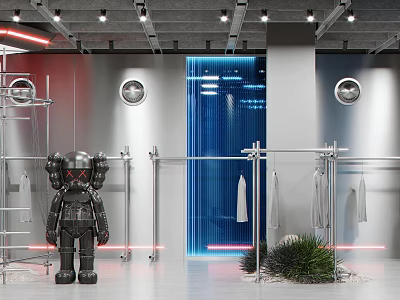 Modern Clothing Store With Metal Racks Blue Light Wall Black Statue And Neon Accents 3d model