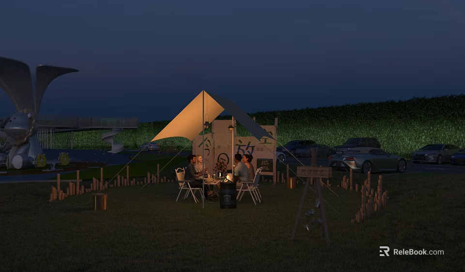 Outdoor Table Under Tent With People Sitting On Grass And Lights At Night 3d model 