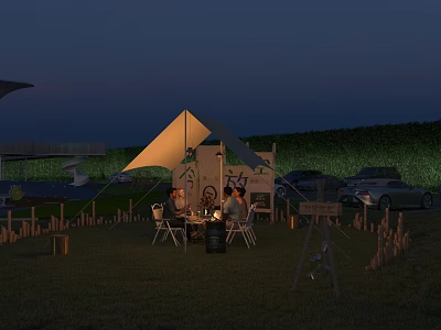 Outdoor Table Under Tent With People Sitting On Grass And Lights At Night 3d model