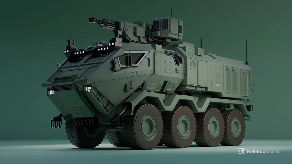 Green Painted Modern Military Armored Vehicle With Turret Multi Wheel And Headlights 3d model 