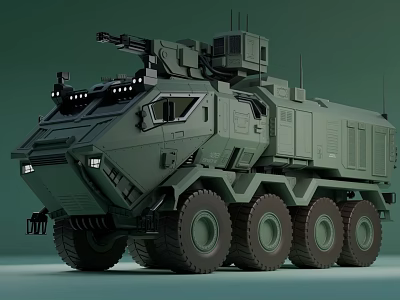 Green Painted Modern Military Armored Vehicle With Turret Multi Wheel And Headlights 3d model