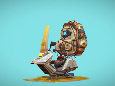 Cartoon Style Entertainment Appliances With Backpack And Scooter Design On Light Blue Yellow Ground 3d model