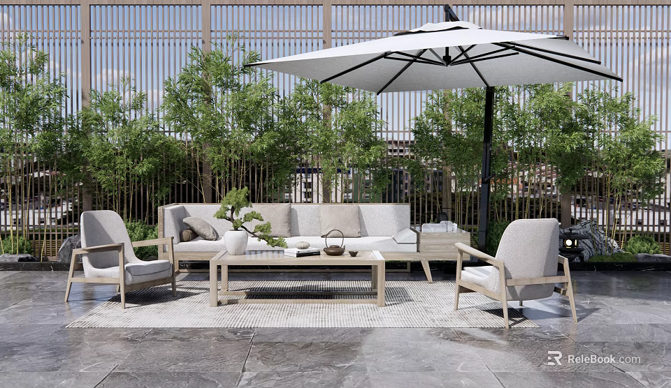 Outdoor Sofa Set On Patio With Wooden Screen Umbrella Green Plants And Chairs 3d model 