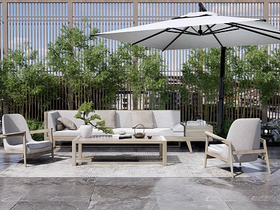 Outdoor Sofa Set On Patio With Wooden Screen Umbrella Green Plants And Chairs 3d model