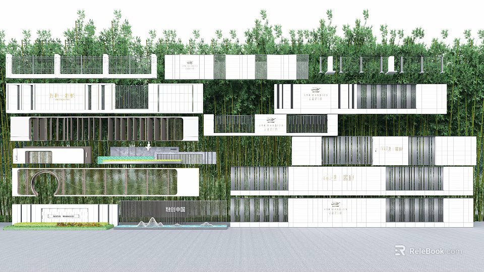 Modern Landscape Wall Design With Layered Geometric Panels Green Plant Decorations 3d model 