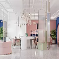 Stylish Beauty Salon Interior With Pink Arches White Sheer Curtains Blue Walls And Pink Furniture