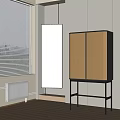 Modern Entryway Cabinet And Side Cabinet With Golden Doors Mirror Hanging Light And Window Blinds