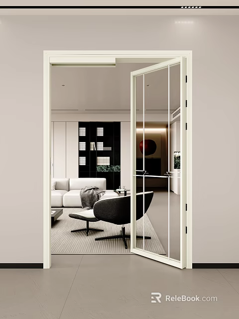 Glass Sliding Doors In Modern Living Room Interior Design With Sofa And Chair Furniture 3d model 
