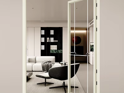 Glass Sliding Doors In Modern Living Room Interior Design With Sofa And Chair Furniture 3d model