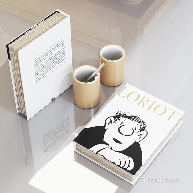 Open Book And Magazine With Cartoon Character Cover Near Beige Mugs And Stirring Stick 3d model 