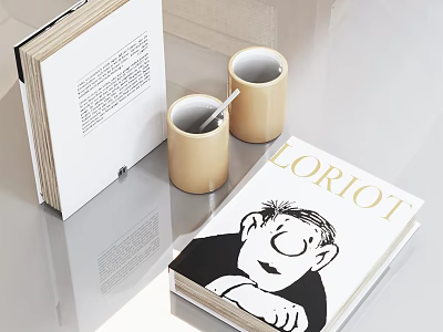 Open Book And Magazine With Cartoon Character Cover Near Beige Mugs And Stirring Stick 3d model