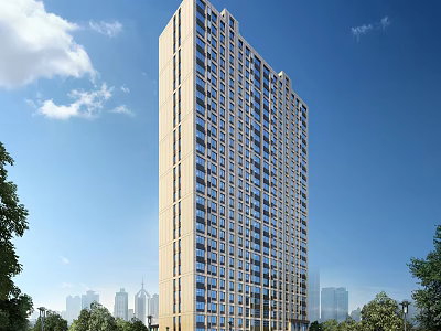 Tall Modern Residential Building With Glass Windows Surrounded By Trees And Urban Skyline 3d model